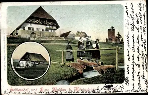 Ak Buchenberg Königsfeld im Schwarzwald Baden, Ruine Waldau, Schlosshof, Burg, Schwarzwälderinnen