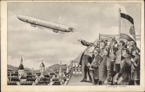 Ak Die erste Luft-Personenpost, Luftschiff, Zeppelin, Schaulustige