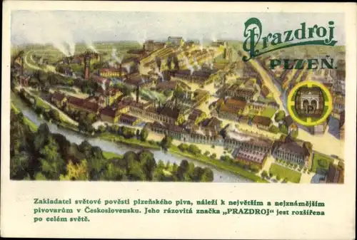 Ak Plzeň Pilsen Stadt, Gesamtansicht, Brauerei Prazdroj