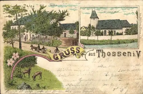 Litho Thossen Weischlitz im Vogtland, Kirche, Kutsche, Wohnhäuser