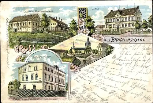 Litho Braunichswalde in Thüringen, Schule, Zigarrenfabrik, Gasthof