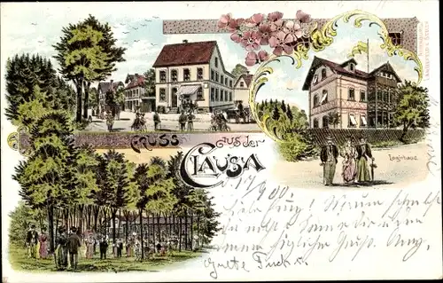 Litho Klausa Nobitz, Logierhaus, Gartenpartie, Gebäude, Straßenpartie