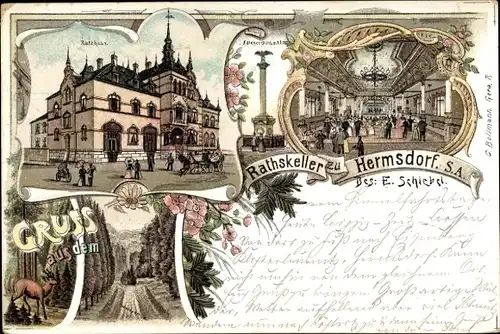 Litho Hermsdorf, Ratskeller v. E. Schiebel, Reh im Wald, Kriegerdenkmal