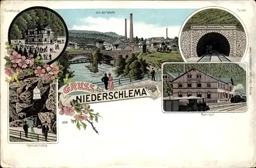 Litho Niederschlema Bad Schlema im Erzgebirge, Forsthaus, Prinzenhöhle, Bahnhof, Tunnel