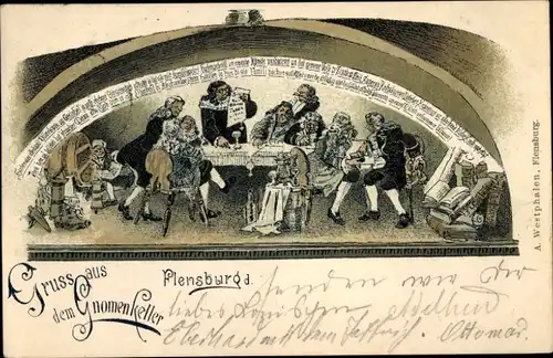 Litho Flensburg in Schleswig Holstein, Gnomenkeller, Menschen am Tisch