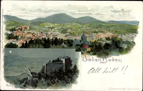 Mondschein Litho Baden Baden im Stadtkreis Baden Württemberg, Gesamtansicht, Ruine