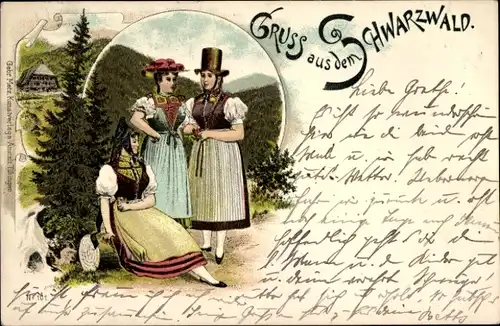 Litho Frauen in Schwarzwälder Trachten, Schwarzwälderinnen