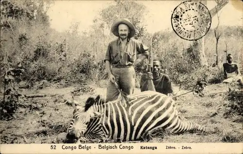 Ganzsachen Ak Belgisch Kongo Zaire, Totes Zebra, Jäger, Gewehr
