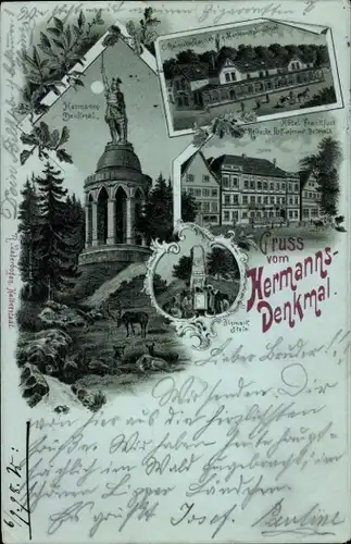 Mondschein Litho Detmold am Teutoburger Wald, Hermannsdenkmal, Hotel Frankfurt