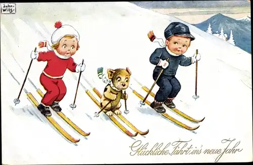 Künstler Ak Wills, John, Kinder beim Skifahren, Neujahr