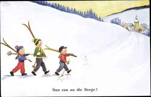 Künstler Ak Wills, John, Nun ran an die Berge, Ski