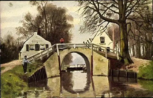Künstler Ak Gerstenhauer, J. G., Niederländisches Dorfmotiv, Kanal, Brücke