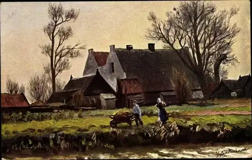 Künstler Ak Gerstenhauer, Johann, Paar in niederländischer Tracht, Dorfmotiv