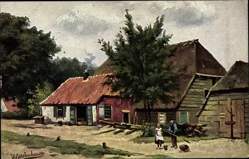 Künstler Ak Gerstenhauer, J. G., niederländisches Dorfmotiv, Bauern, Wohnhaus