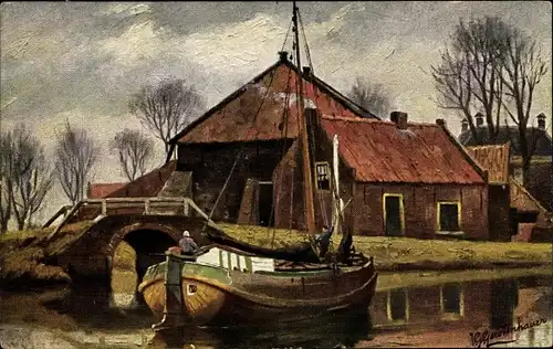 Künstler Ak Gerstenhauer, Johann Georg, niederländisches Motiv, Kanal, Fischerboot, Brücke, Haus