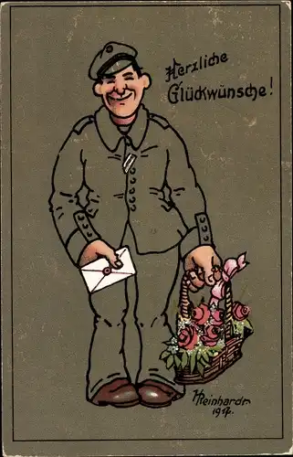 Künstler Ak Reinhardt, Herzlichen Glückwunsch, Soldat mit Blumenkorb
