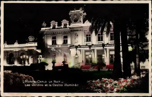 Ak Monte Carlo Monaco, Gärten, Casino, Nachtbeleuchtung