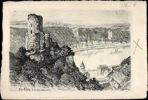 Künstler Ak Sankt Goarshausen am Rhein, Burg Katz