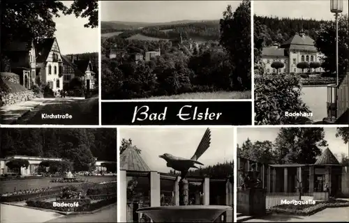 Ak Bad Elster im Vogtland, Kirchstraße, Badehaus, Moritzquelle, Badecafé, Brunne, Vogel