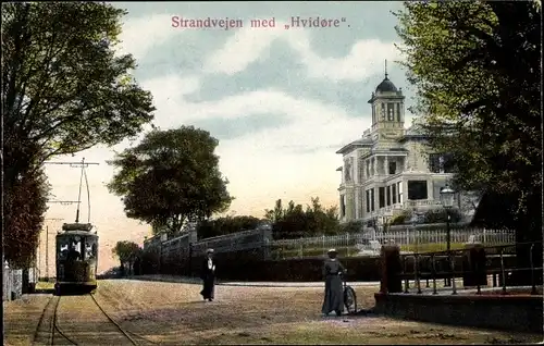 Ak Hvidovre Dänemark, Strandvejen med Hvidore, Straßenbahn, Straßenpartie