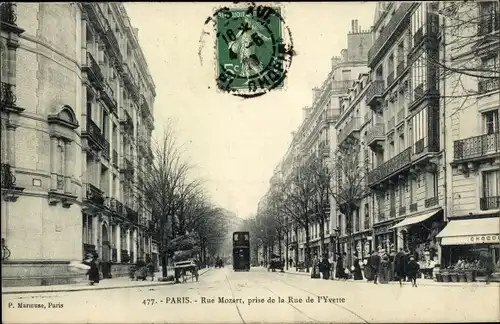 Ak Paris XVI., Rue Mozart, benannt nach Rue de l'Yvette, Straßenbahn