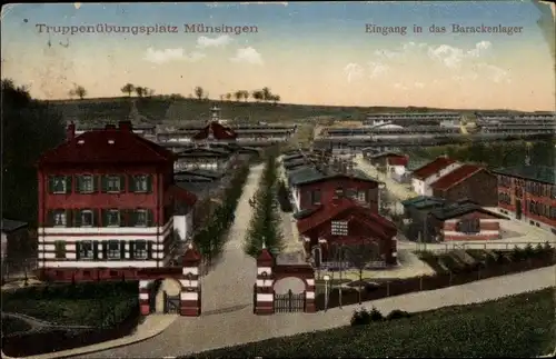Ak Münsingen in Württemberg, Truppenübungsplatz, Eingang, Barackenlager