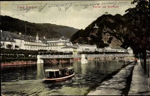 Ak Bad Ems im Rhein Lahn Kreis, Partie am Kurhaus, Boot, Flusspartie