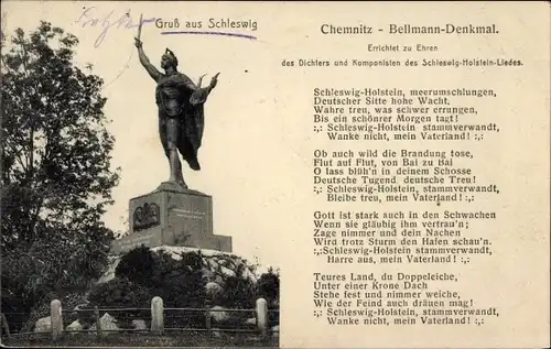 Ak Schleswig an der Schlei, Chemnitz-Bellmann-Denkmal, Schleswig-Holstein-Lied