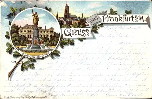 Litho Frankfurt am Main, Teilansicht, Denkmal, Schützen Brunnen