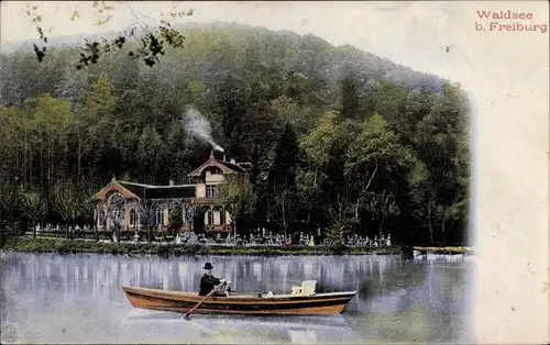 Ak Waldsee Freiburg im Breisgau, Ruderboot, Gebäude