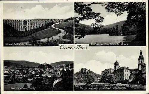 Ak Greiz im Vogtland, Göltzschtalbrücke, Blick vom Park aufs weiße Kreuz, oberes und unteres Schloss