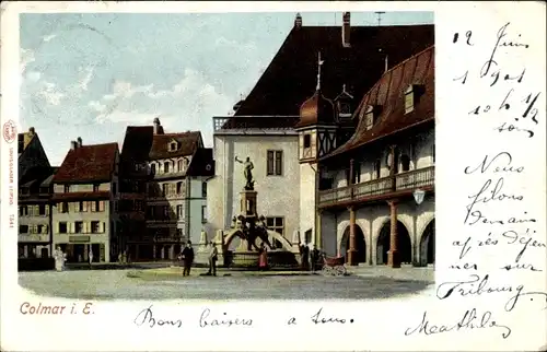 Ak Colmar Kolmar Elsass Haut Rhin, Platz, Brunnen