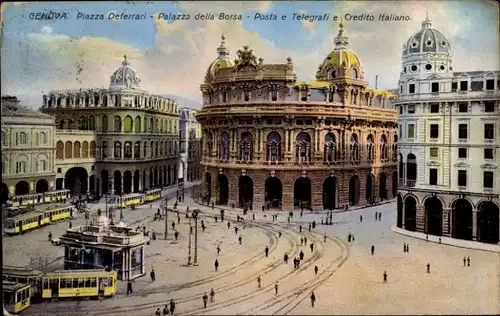 Ak Genova Genua Liguria, Piazza Defeffari, Palazzo della Borsa, Posta e Telegrafi e Credito Italiano