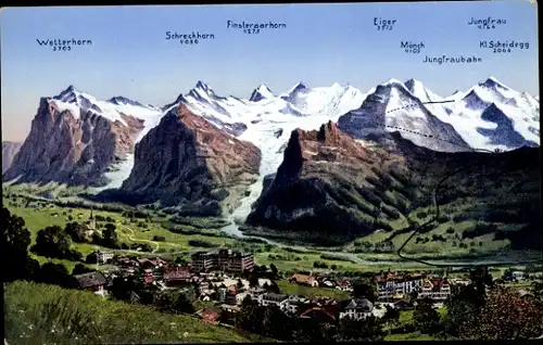 Ak Grindelwald Kanton Bern, Panorama mit Wetterhorn, Schreckhorn, Finsteraarhorn, Eiger, Mönch
