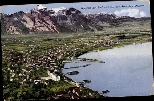 Ak Bregenz am Bodensee Vorarlberg, Ortspanorama mit Schweizer Bergen