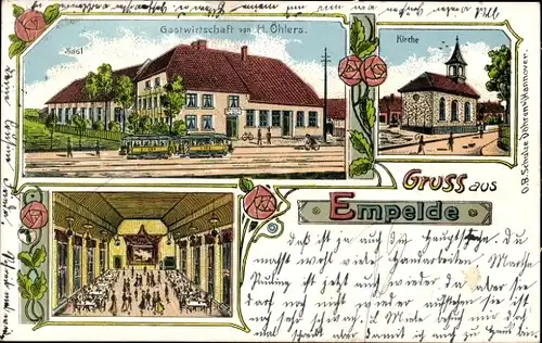 Litho Empelde Ronnenberg in Niedersachsen, Gastwirtschaft H. Öhlers, Saal, Straßenbahn, Kirche