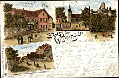 Litho Wülfingen Elze in Niedersachsen, Gastwirtschaft Gehrke, Schloss Marienburg, Hauptstraße