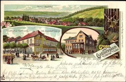 Litho Grünenplan Delligsen Niedersachsen, Oberförsterei, Gasthof zur Hoffnung, Conrad Lampe