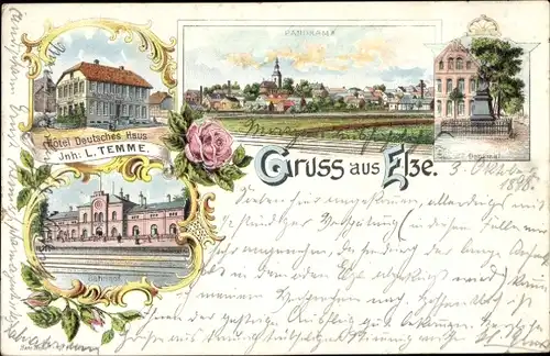 Litho Elze in Niedersachsen, Hotel Deutsches Haus, Inh. L. Temme, Denkmal, Bahnhof, Panorama