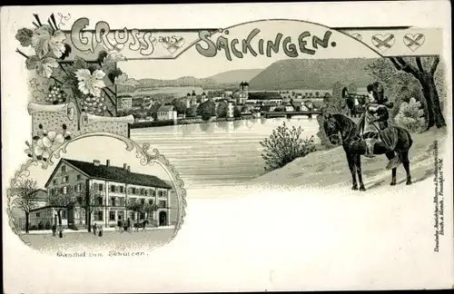 Litho Bad Säckingen am Hochrhein, Gasthaus zum Schützen, Trompeter von Säckingen, Behüt Dich Gott