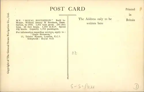 Ak M.V. Royal Sovereign, William Denny & Brothers, Dumbarton, Fährschiff