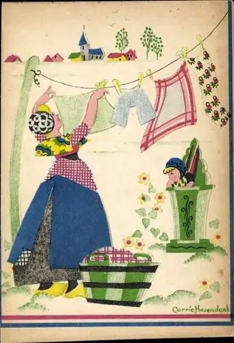Künstler Ak Hazendonk, C., Frau hängt Wäsche auf, Kleidung