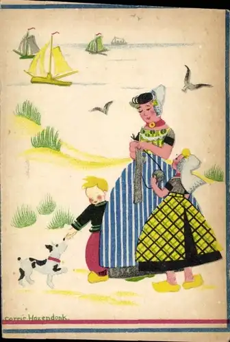 Künstler Ak Hazendonk, C., Niederländische Tracht, Frau beim Stricken, Kinder, Hund