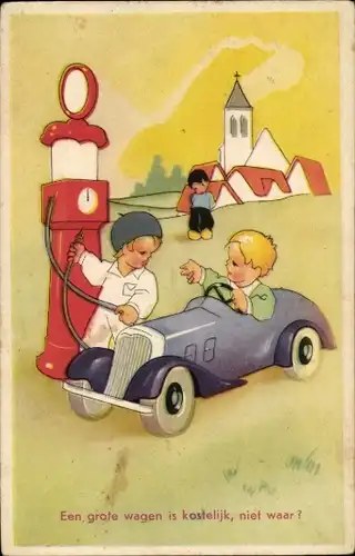 Ak Kinder an der Tankstelle, Auto, Kirche