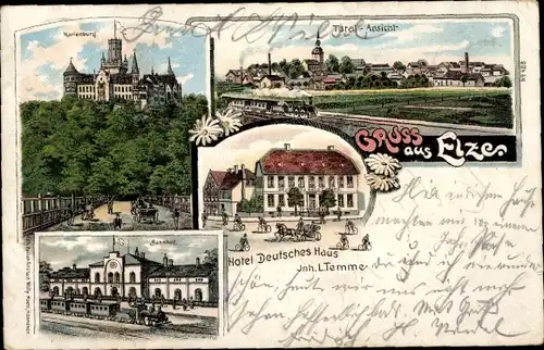 Litho Elze Niedersachsen, Totalansicht, Marienburg, Bahnhof, Hotel Deutsches Haus