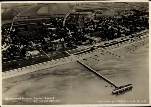 Ak Nordseebad Duhnen Cuxhaven, Luftbild mit Seebäderbrücke