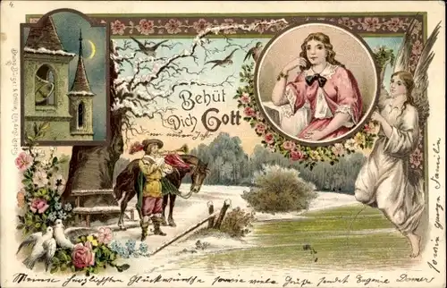 Mondschein Litho Waldshut Tiengen am Hochrhein, Behüt Dich Gott, Trompeter, Engel, Portrait