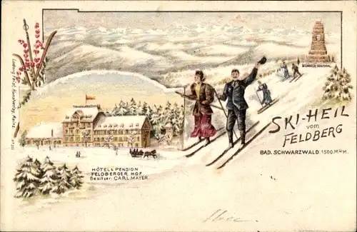 Litho Feldberg im Schwarzwald, Feldbergturm, Skifahrer, Hotel Feldberger Hof