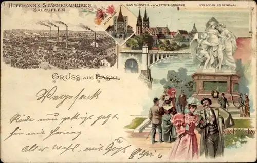 Litho Basel, Strassburg Denkmal, Münster v. d. Wettsteinbrücke & Hoffmann's Stärkefabriken Salzuflen