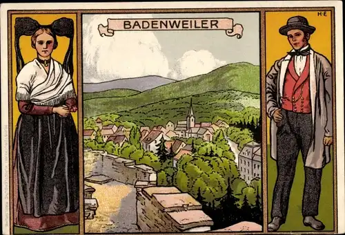 Künstler Ak Badenweiler im Schwarzwald, Ort von der Burg gesehen, Paar in Tracht